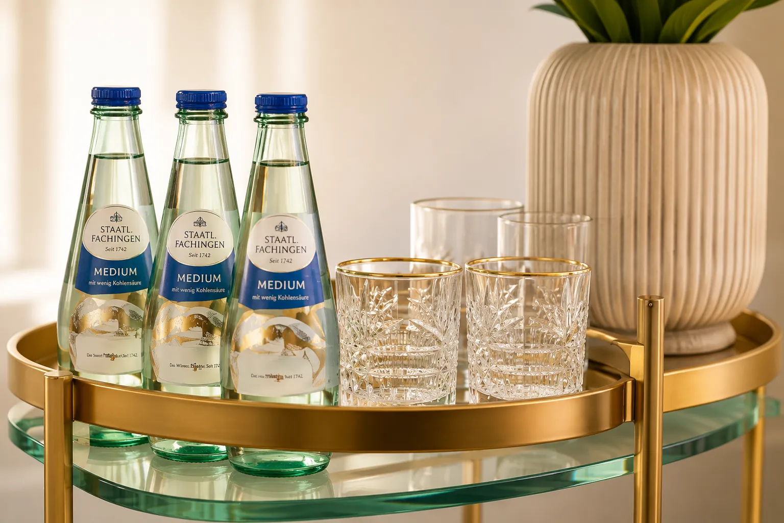 Servierwagen im Wartebereich mit Mineralwasser und geschliffenen Kristallgläsern