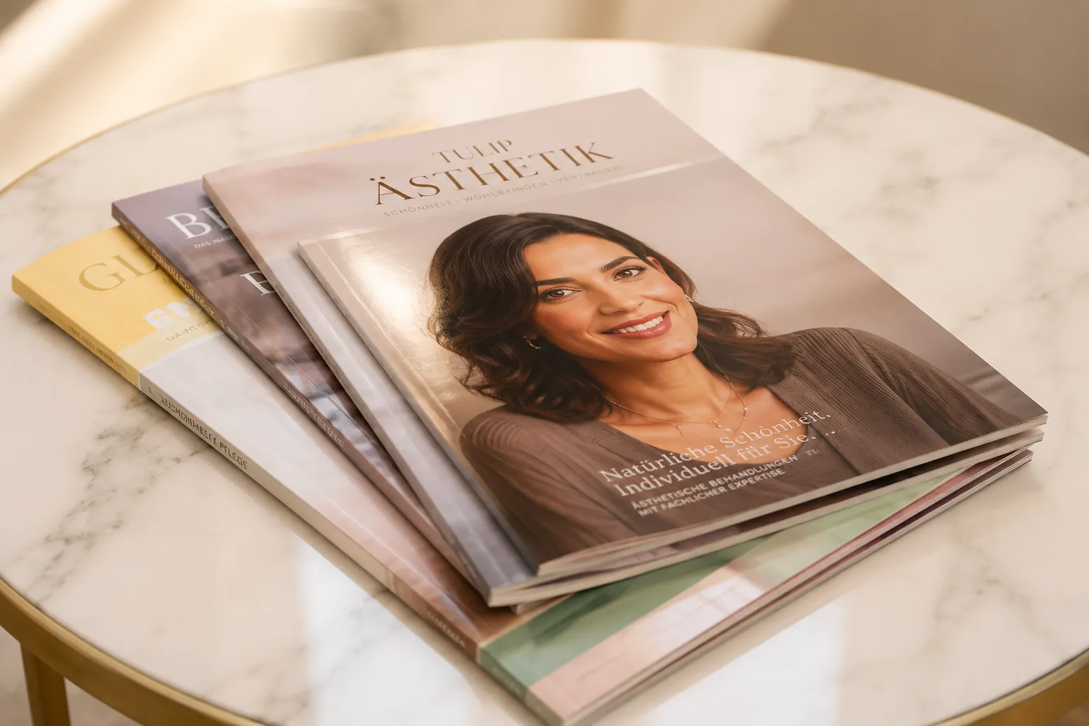 Magazin von Tulip Ästhetik auf einem Marmor-Beistelltisch im Wartebereich